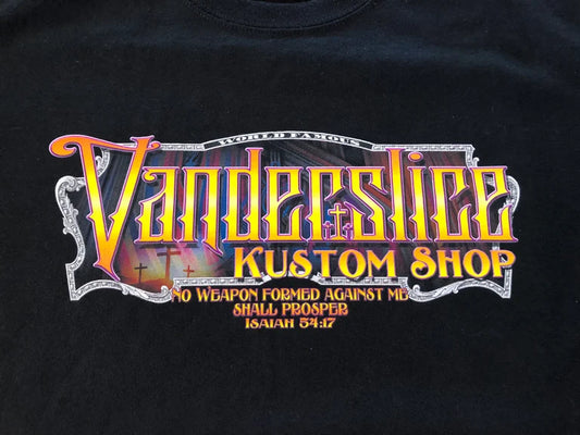 T-shirt. Vanderslice kustom shop With three crosses in the background.